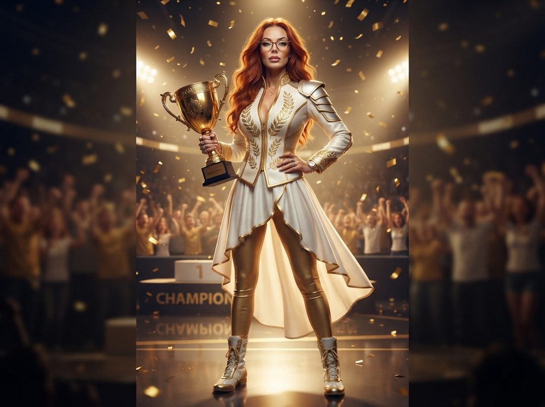 A woman in a white and gold suit holding a trophy on a stage with confetti falling.