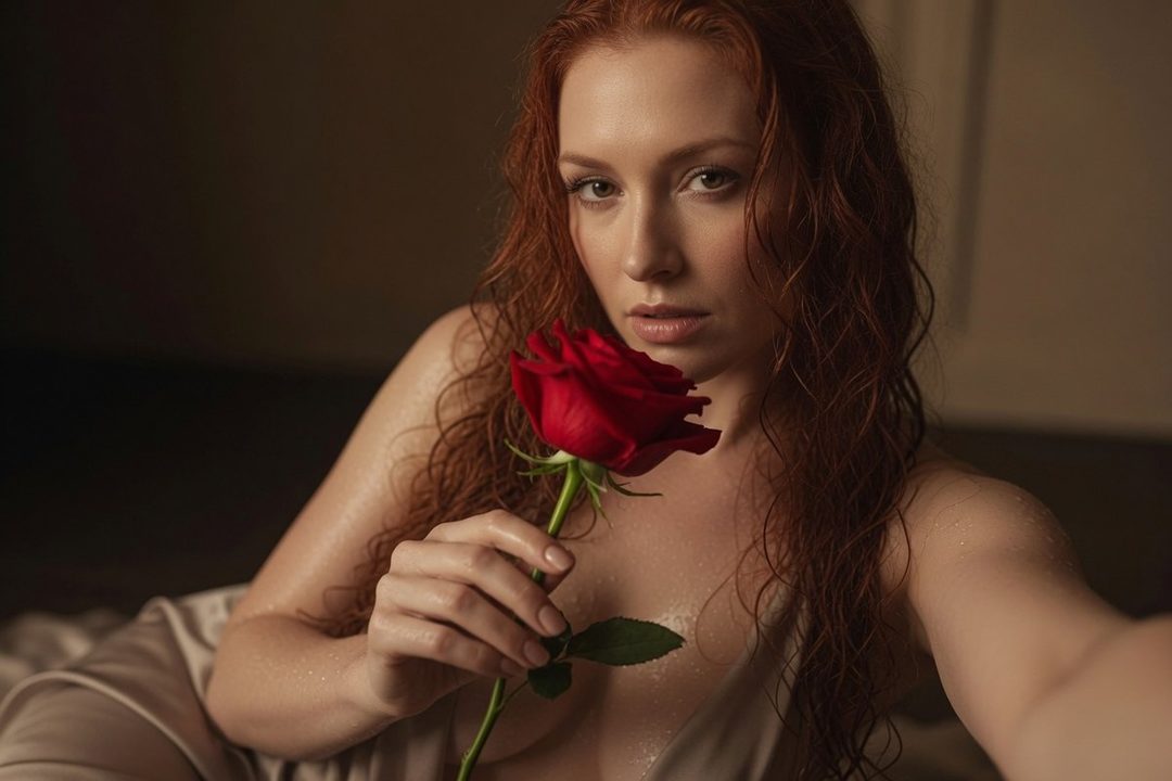 A woman with long, wet red hair holds a red rose and looks at the camera, wearing a silky garment.