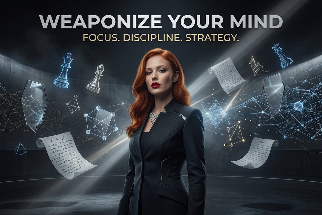 A woman with long red hair and red lipstick, wearing a black suit and necklace, stands in a dark room with floating chess pieces, documents, and geometric shapes.