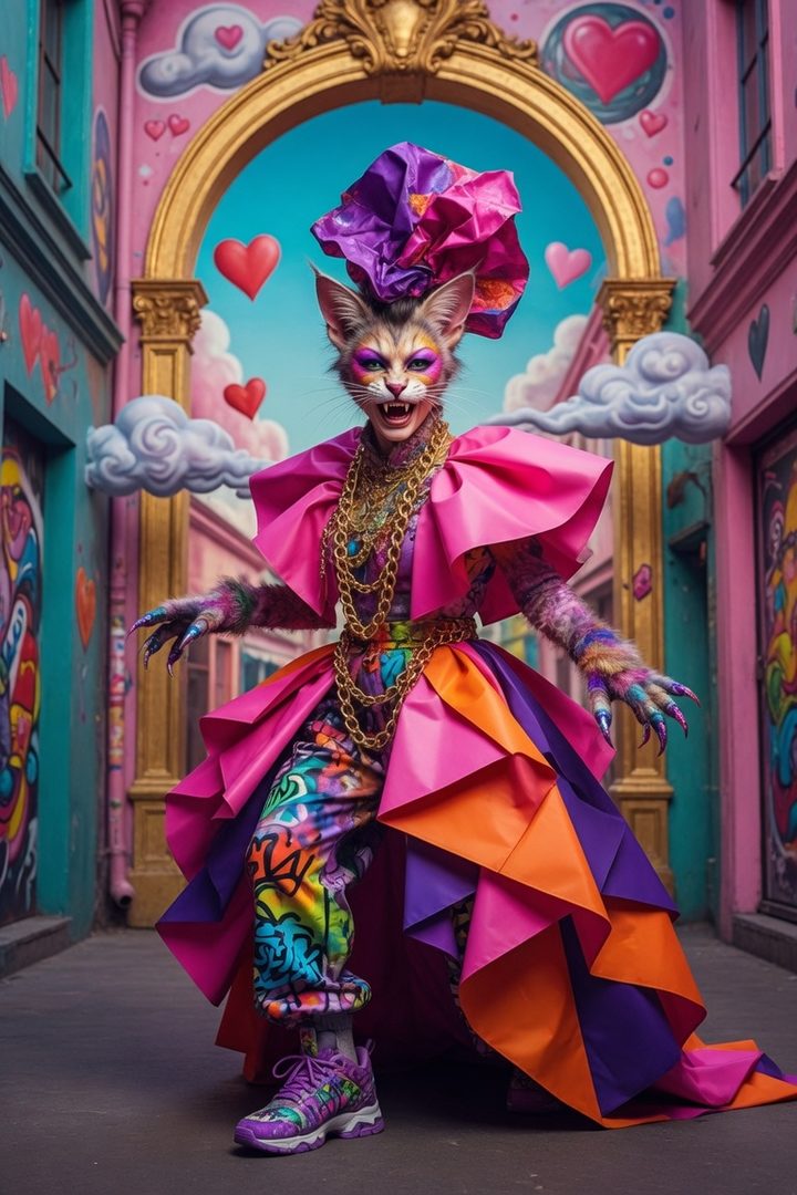 A stylized anthropomorphic cat character in a vibrant, layered pink and purple dress, graffiti-patterned pants, and sneakers, posing in a colorful alleyway.