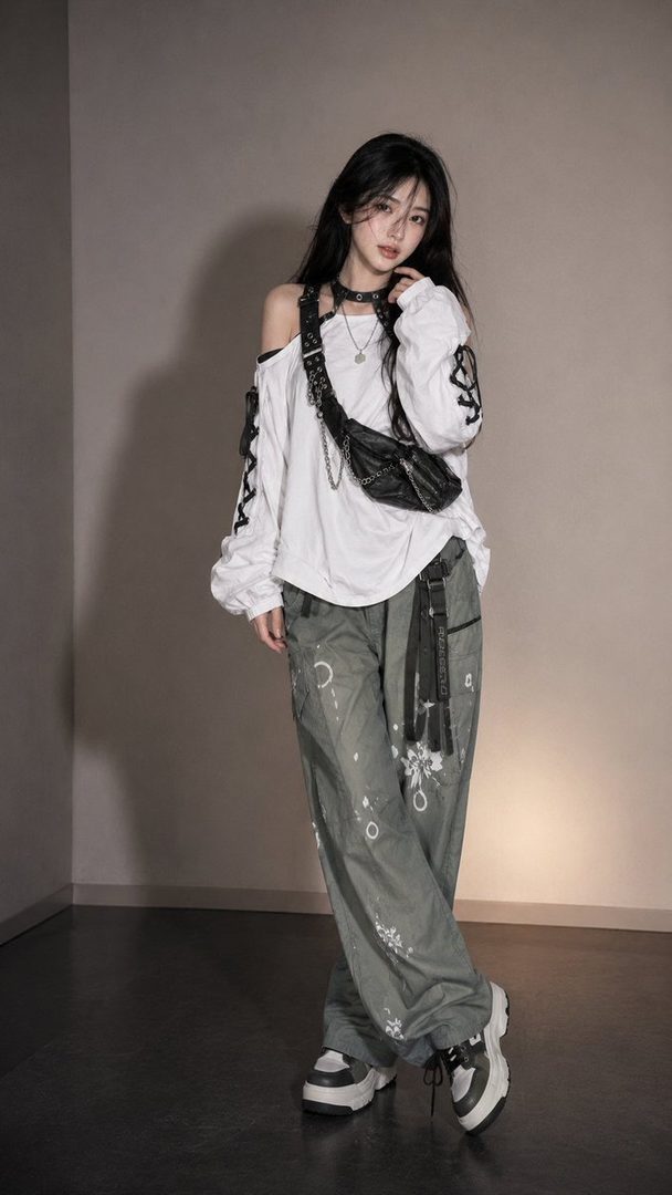 A young woman with long black hair poses in a studio wearing an off-the-shoulder white top, baggy cargo pants, and chunky sneakers, accessorized with a black crossbody bag and a choker necklace.