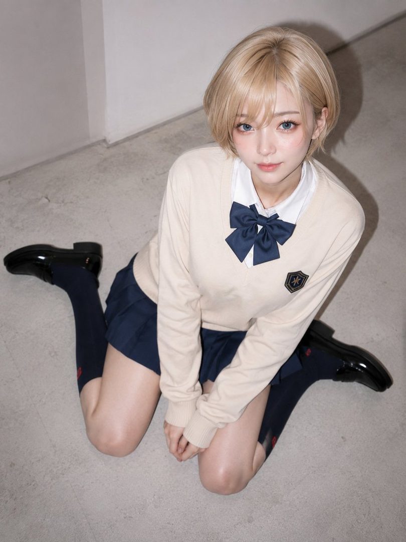 A young woman with short blonde hair and blue eyes, wearing a school uniform, poses on a concrete floor.