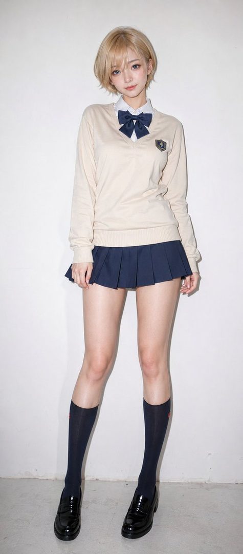 A blonde woman in a school uniform, consisting of a beige V-neck sweater, a white collared shirt with a dark blue bow, a short pleated navy skirt, and dark socks with black loafers, stands against a white background.