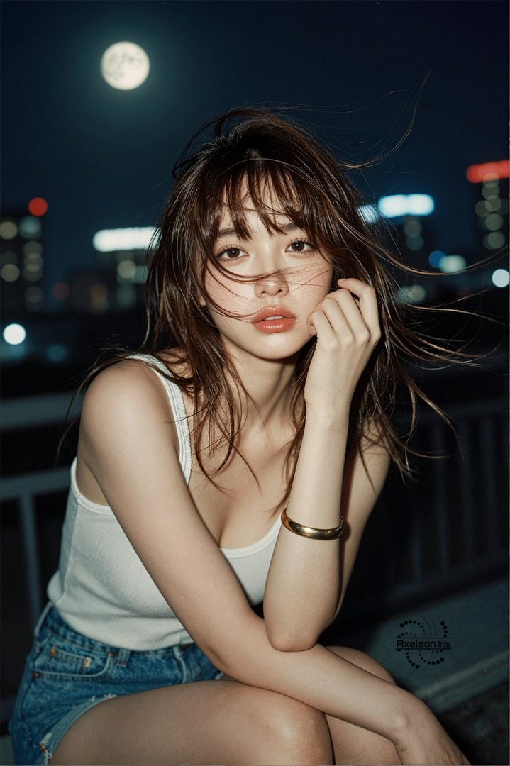 A beautiful AI woman with long brown hair and bangs, wearing a white tank top and denim shorts, poses suggestively at night with a full moon and city lights in the background.