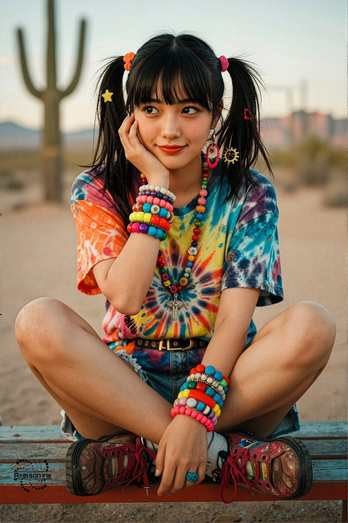 A young East Asian woman with black hair in pigtails, wearing a colorful tie-dye t-shirt and denim shorts, sits cross-legged outdoors in a desert landscape with a cactus in the background.