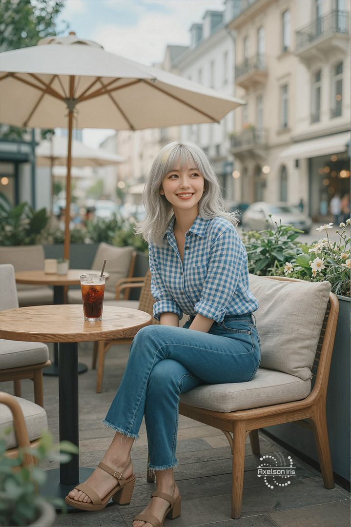 A young woman with silver hair sits at a cafe table, smiling and looking to the side, wearing a blue checkered shirt and jeans.
