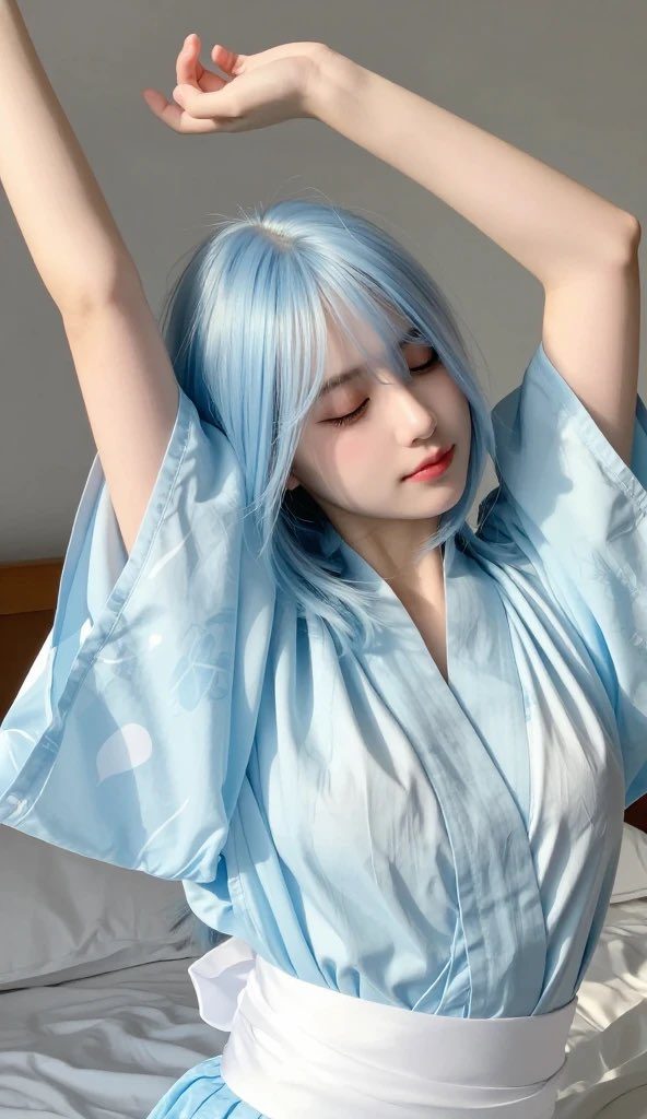 A young woman with light blue hair, wearing a light blue yukata with a white obi, stretches her arms above her head in a bedroom setting.