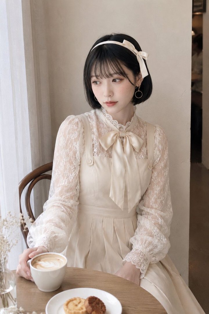 A young woman with short black hair and bangs, wearing a white lace blouse and a cream-colored pinafore dress, sits at a table in a cafe, holding a cup of coffee.