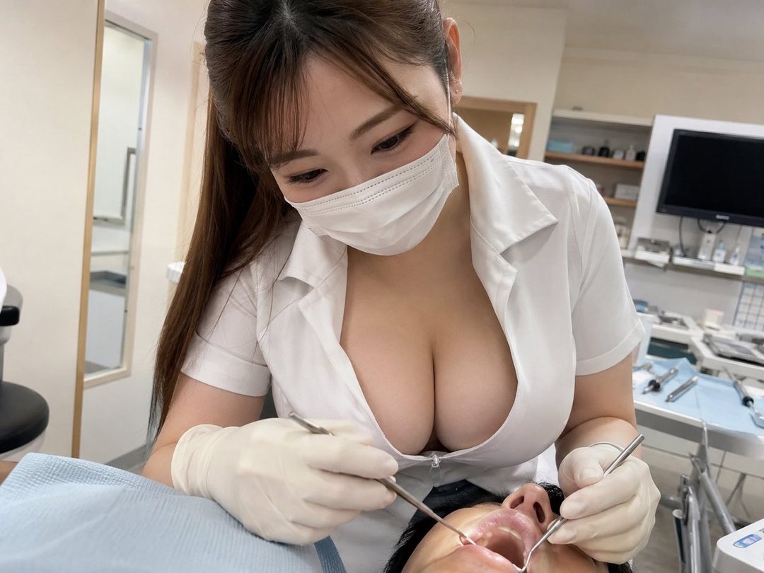 A woman in a white nurse's uniform and mask performs a dental examination on a patient.
