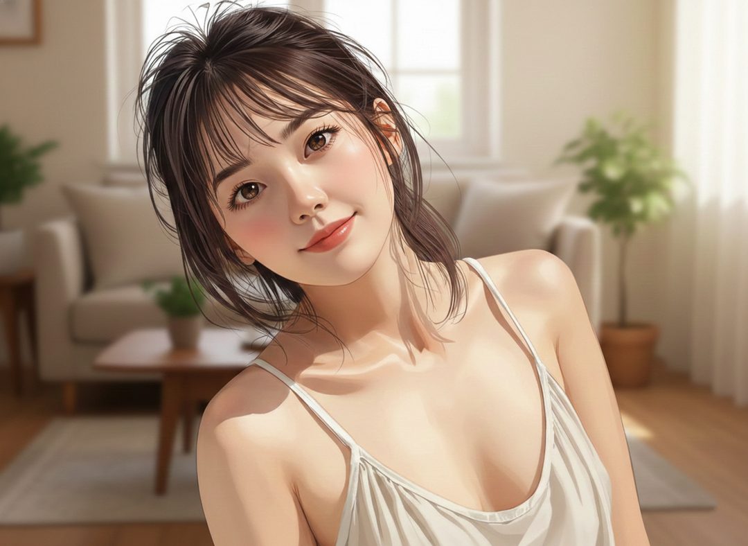 A photorealistic AI portrait of a young East Asian woman with long brown hair, wearing a white camisole, smiling gently in a sunlit indoor setting.