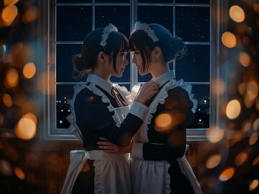 Two young women in maid outfits stand facing each other in front of a window at night, with bokeh lights in the foreground.