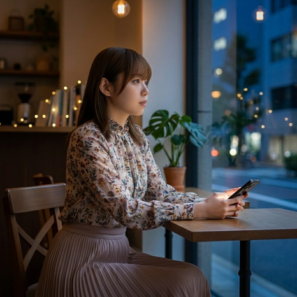 A young woman with long brown hair sits at a table in a cafe at night, looking out the window while holding her phone.