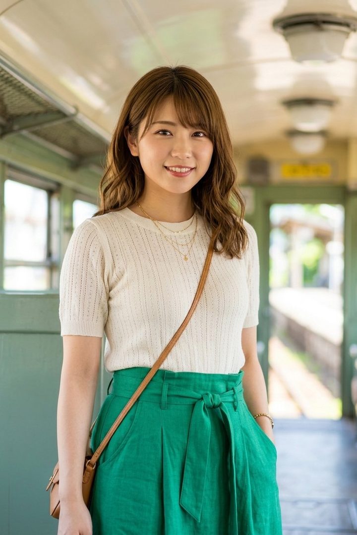 A young East Asian woman with long brown hair smiles warmly, wearing a white knit top and a green skirt, standing inside a train car.