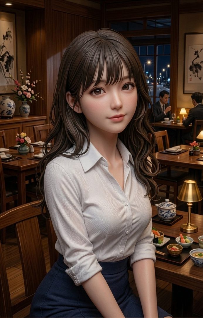 A photorealistic AI portrait of a young East Asian woman with long brown hair, wearing a white collared shirt and a dark skirt, sitting in a restaurant at night.