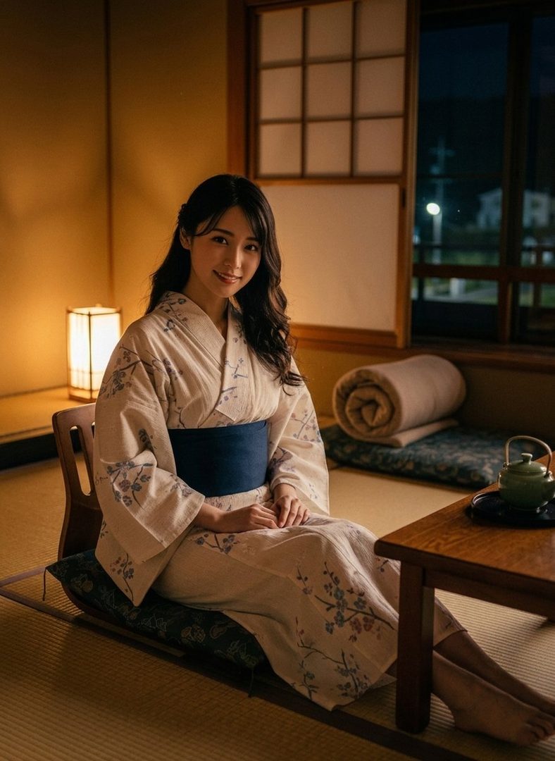 A young woman in a traditional Japanese yukata sits indoors in a tatami room, smiling gently.