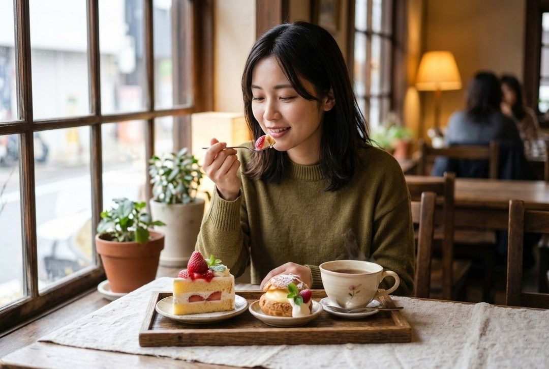 A young East Asian woman with dark hair, wearing a green sweater, enjoys a slice of strawberry cake and a cup of tea in a cozy cafe by the window.
