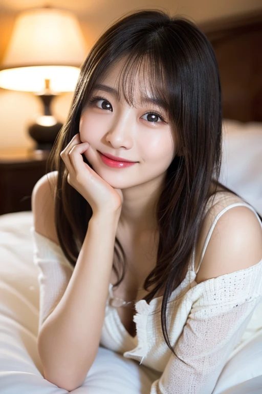 A beautiful AI-generated East Asian woman with long black hair and bangs, wearing a white off-the-shoulder top, posing suggestively indoors.