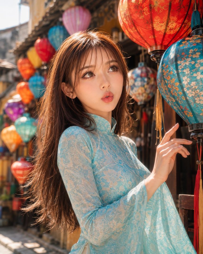 A young East Asian woman with long brown hair, wearing a light blue patterned dress, stands in a street decorated with colorful lanterns.