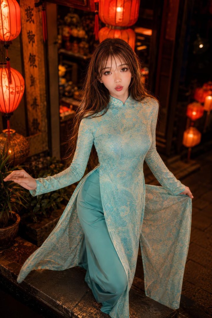A young woman with long brown hair, wearing a light blue patterned dress with high slits, stands outdoors at night with red lanterns in the background.
