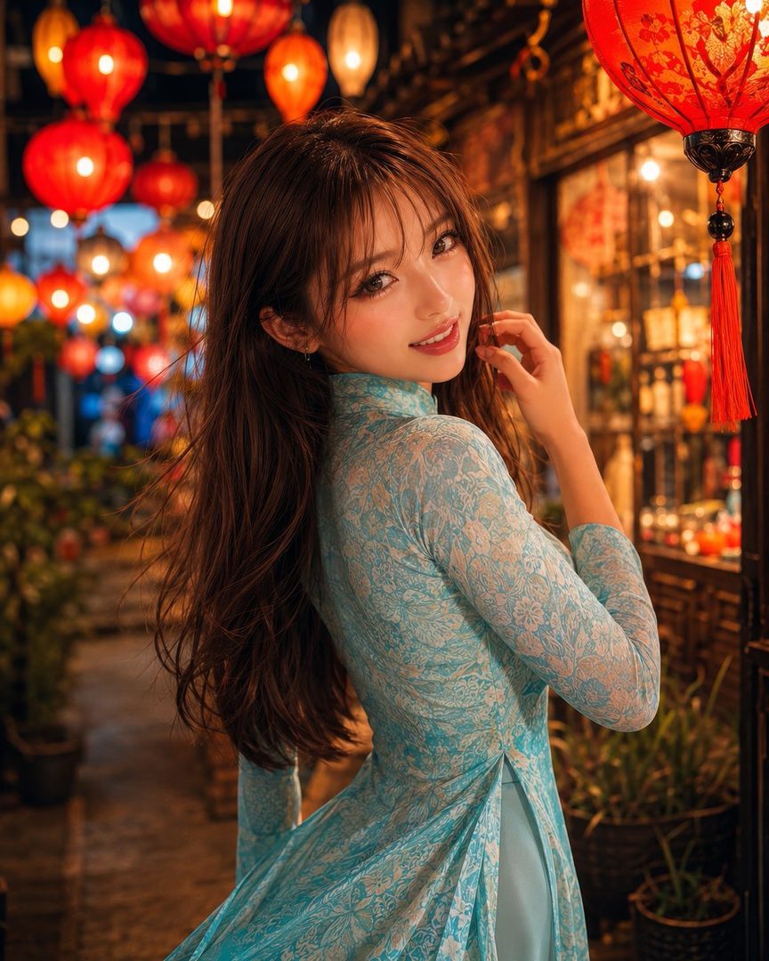 A young East Asian woman with long brown hair smiles gently, wearing a light blue traditional Vietnamese dress, standing outdoors at night with colorful lanterns in the background.