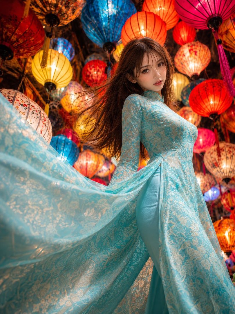 A beautiful AI-generated woman in a light blue traditional Vietnamese dress poses in front of a backdrop of colorful lanterns.