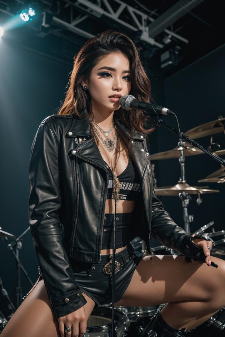 A young East Asian woman with long brown hair, wearing a black leather jacket and shorts, sits in front of a drum set, holding a microphone.