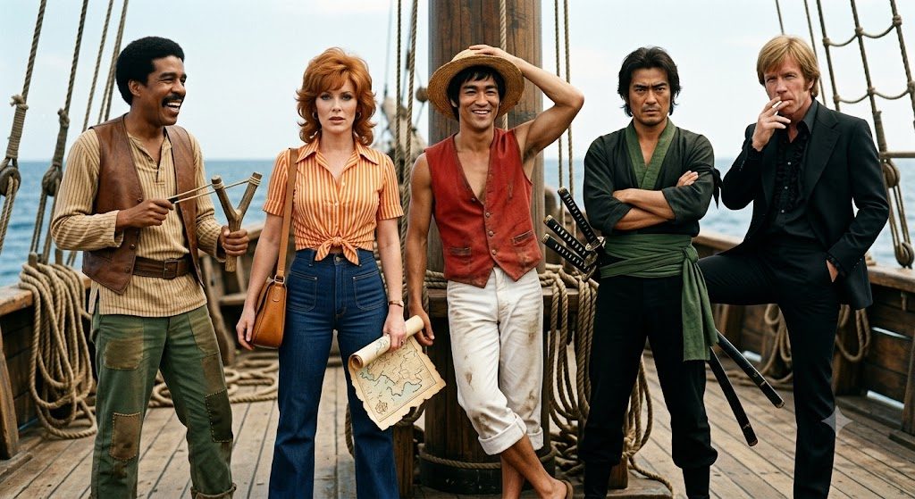 A group of five people, including two men with swords, a woman with red hair, a man with a straw hat, and a man with a slingshot, stand on the deck of a ship.