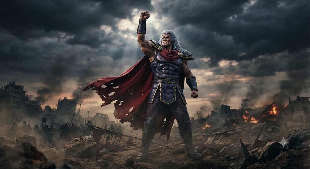 A powerful, muscular man with long white hair and a torn red cape stands defiantly amidst a war-torn landscape with burning buildings and dark, stormy clouds.