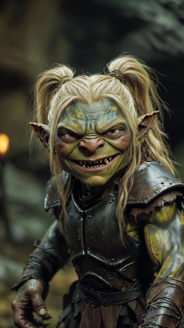 A photorealistic portrait of a female goblin character with blonde pigtails and green skin, wearing armor.
