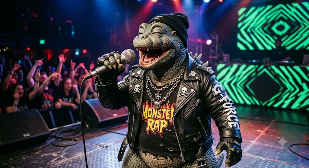 A Godzilla-like creature wearing a black beanie, leather jacket, and a t-shirt that says 'Monster Rap', holding a microphone on stage with a crowd in the background.