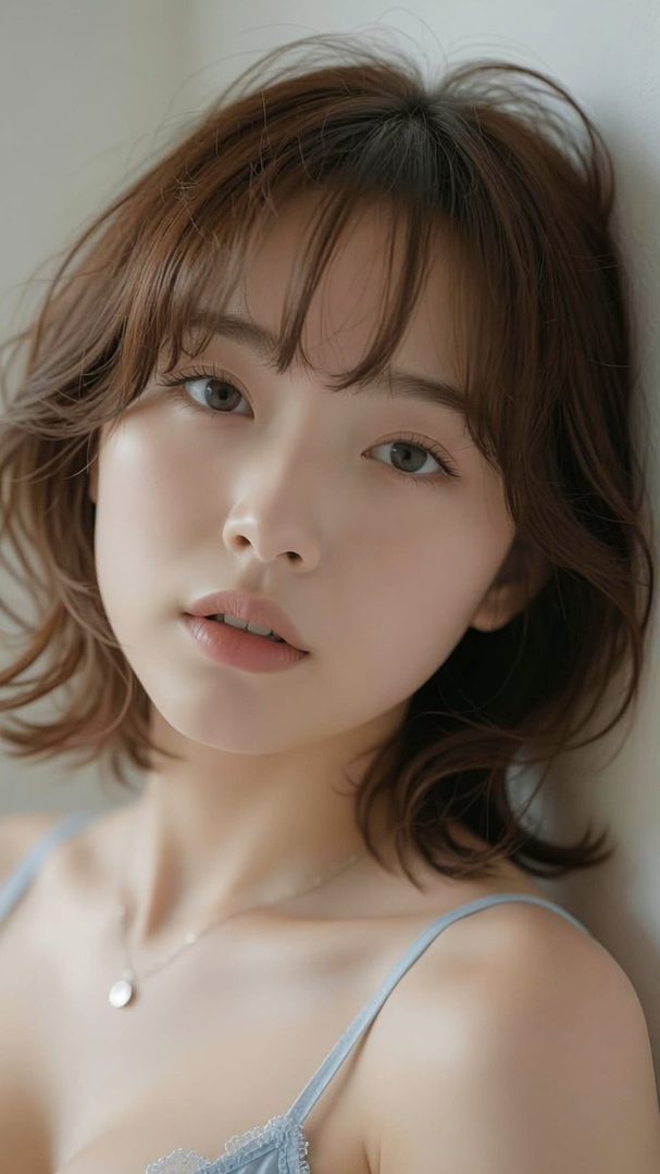 Close-up portrait of a young East Asian woman with short brown hair and bangs, wearing a light blue camisole and a delicate necklace.