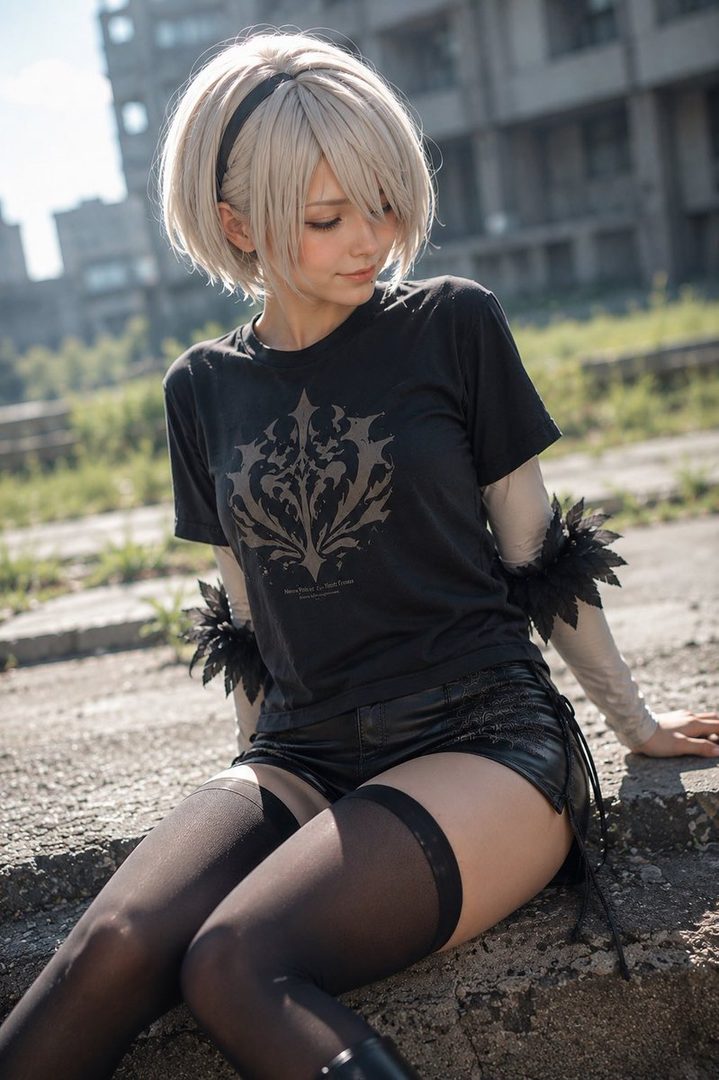 A young woman with short blonde hair, dressed as the character 2B from NieR:Automata, poses outdoors in a black t-shirt and shorts.