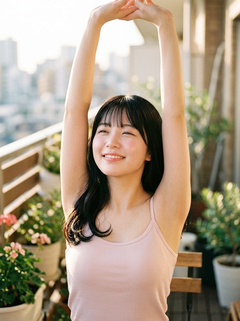 A young woman with black hair and bangs, wearing a pink tank top, stretches her arms up on a balcony with potted plants and a city view.