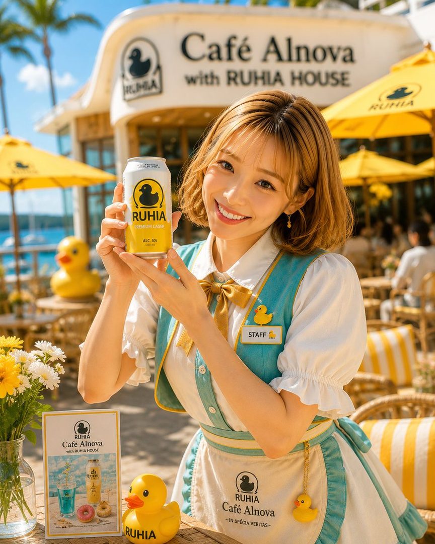 A smiling young woman in a staff uniform holds a can of RUHIA Premium Lager outside a cafe.