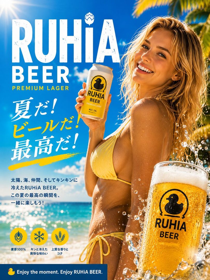 A smiling woman in a yellow bikini holds a can of Ruhia Beer on a sunny beach.