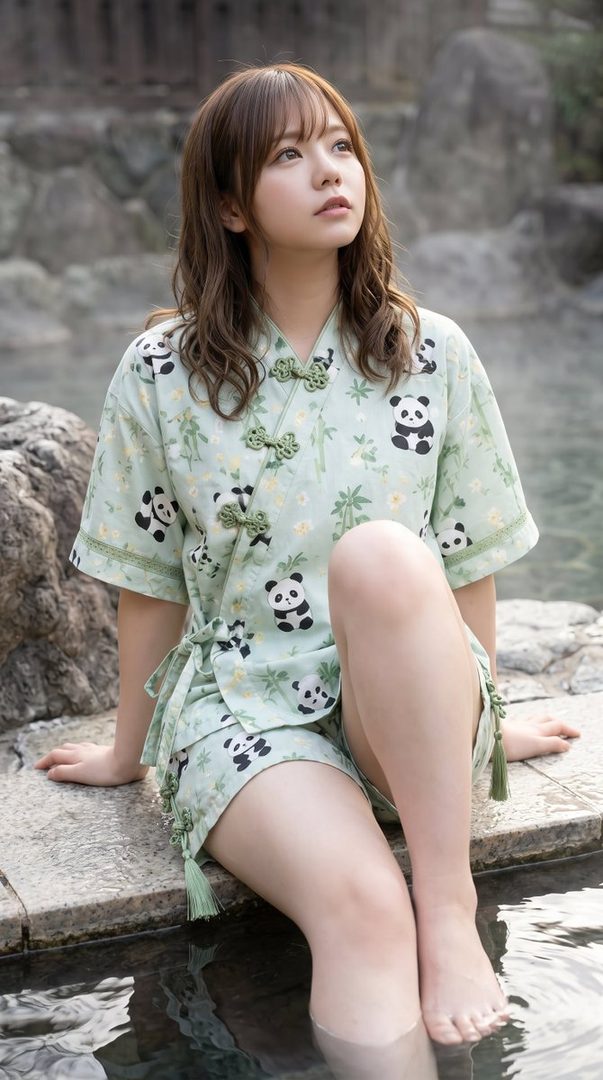 A young East Asian woman with brown hair and bangs, wearing a light green pajama set with a panda print, sits by the edge of a hot spring.