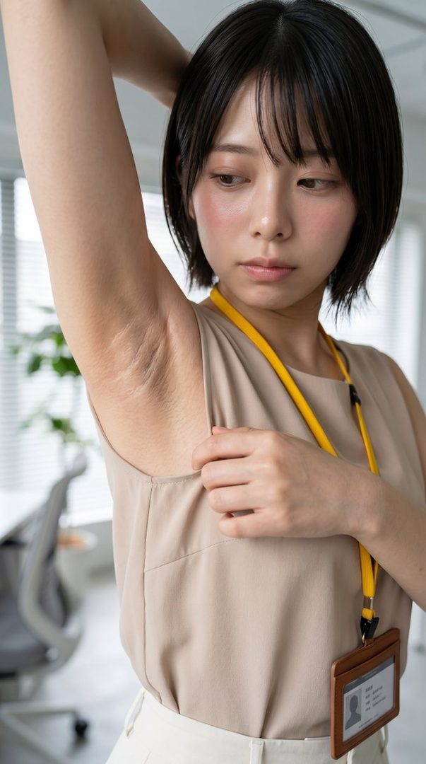 A young East Asian woman with short black hair, wearing a beige sleeveless top and white pants, poses indoors with her arm raised, revealing her underarm.