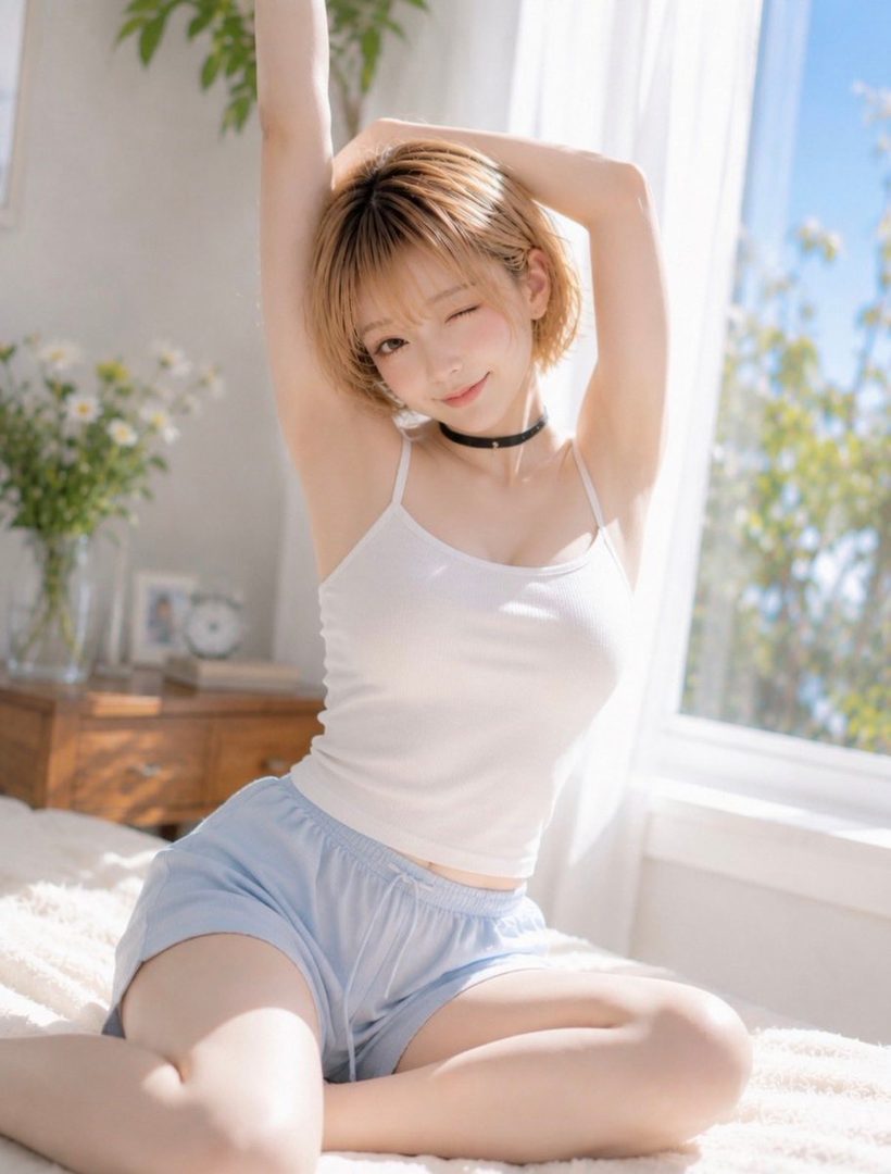 A young woman with short blonde hair winks at the camera while stretching in bed, wearing a white tank top and blue shorts.