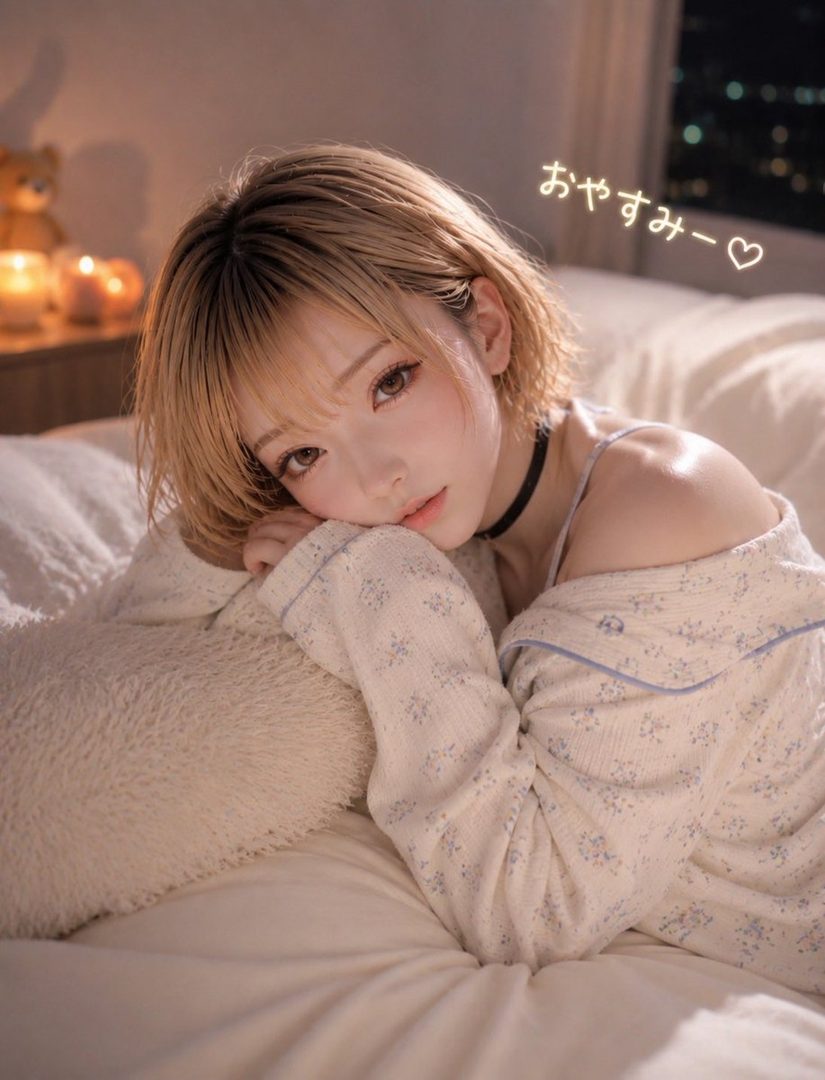 A young woman with short blonde hair lies on a bed, looking at the camera with a gentle expression. She is wearing pajamas and a choker, with a teddy bear and candles in the background.
