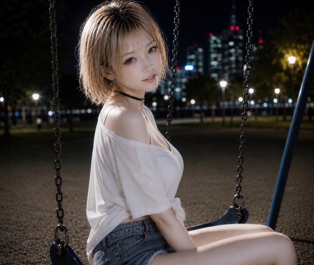 A young woman with short blonde hair sits on a swing at night, wearing a white off-the-shoulder top and denim shorts, with city lights in the background.