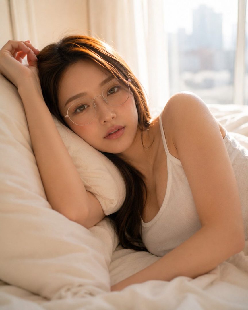 A young woman with long brown hair and glasses lies on a pillow in bed, looking at the camera with a gentle expression.