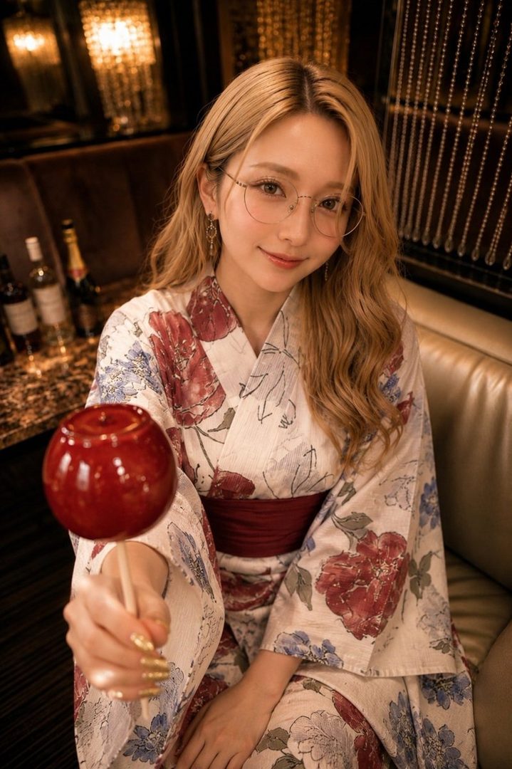 A young Japanese woman with blonde hair, wearing a floral yukata and glasses, holds out a red candied apple.