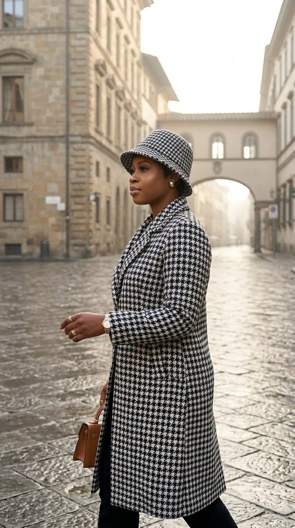 A woman in a houndstooth coat and matching bucket hat walks down a cobblestone street in a European city.
