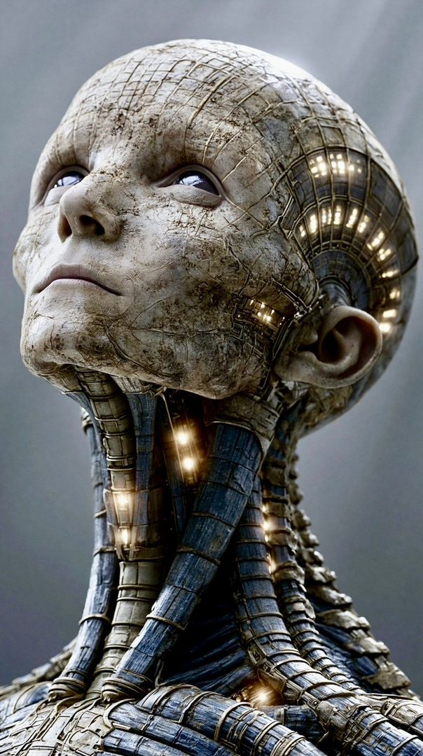 Photorealistic portrait of a cyborg with intricate mechanical details on its head and neck, glowing lights visible beneath its skin.