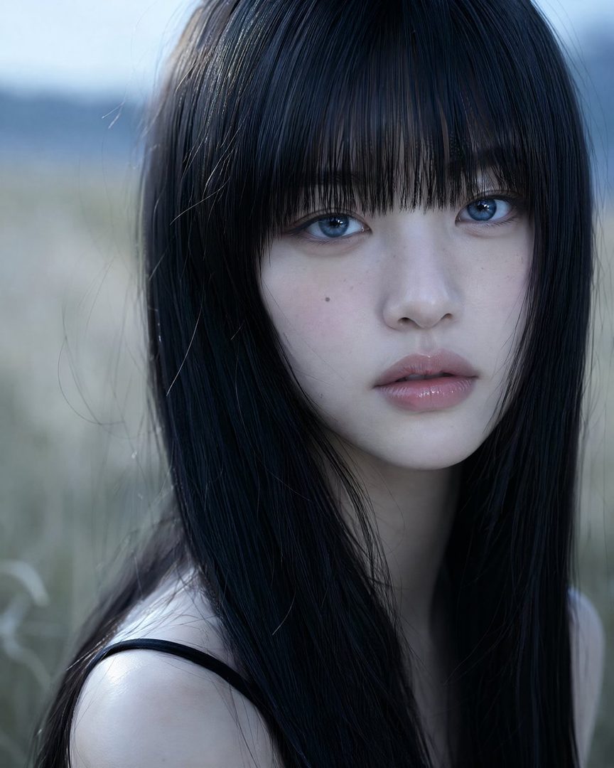 Close-up portrait of a young East Asian woman with long black hair and bangs, blue eyes, and a melancholic expression, set against a blurred meadow background.