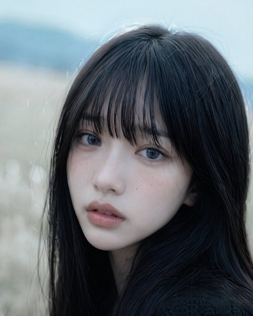 Close-up portrait of a beautiful young East Asian woman with long black hair and bangs, looking directly at the camera with a dreamy expression.