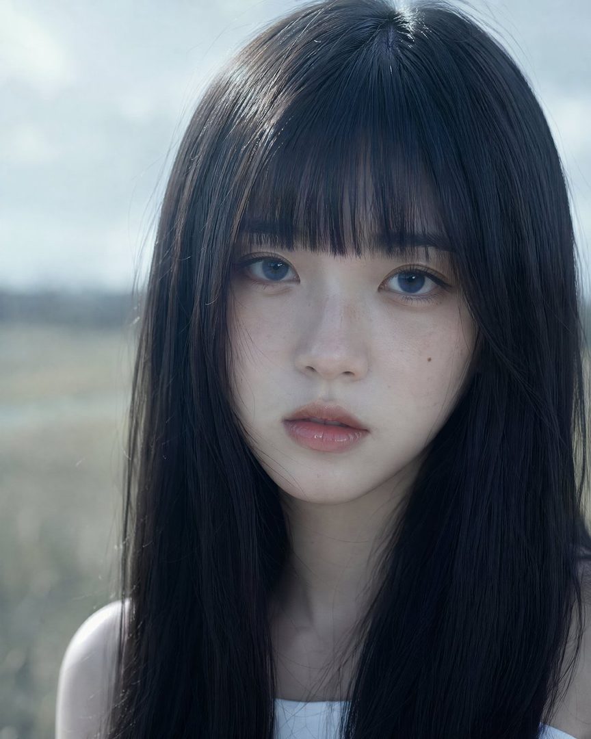 Close-up portrait of a beautiful young East Asian woman with long black hair and bangs, looking directly at the camera with a melancholic expression.