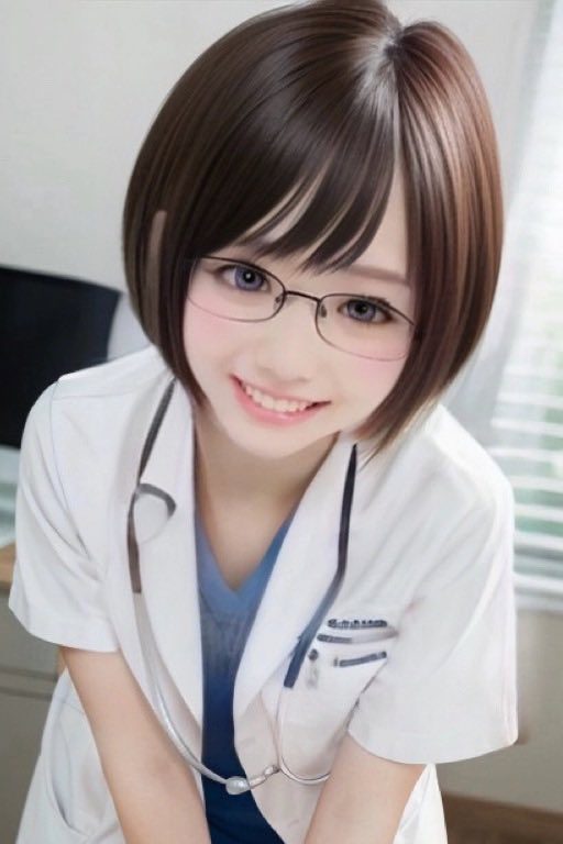 A young East Asian woman with short brown hair and glasses, wearing a white doctor's coat and a blue shirt, smiles gently.