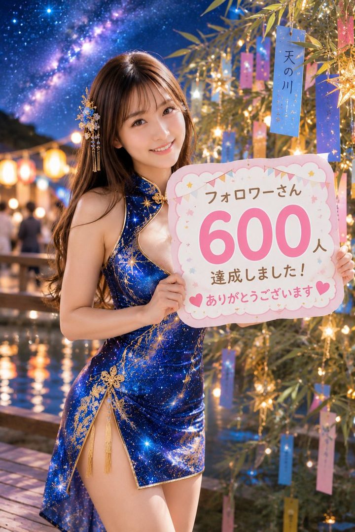 A beautiful AI-generated woman in a sparkling blue dress with a high slit, holding a sign celebrating 600 followers, with a starry night sky and traditional Japanese decorations in the background.