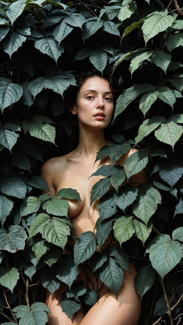 A woman peeks through lush green foliage, her body partially obscured by leaves, in a suggestive portrait.